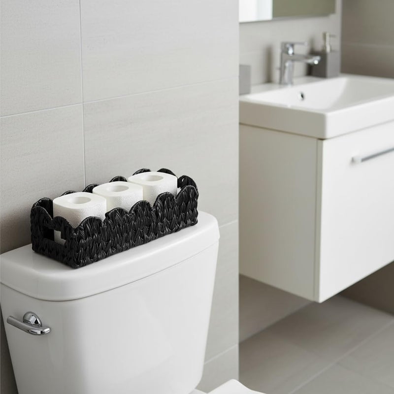 Coeusy Black Toilet Basket,Scalloped Wicker Basket for Toilet Paper Storage,Small Slim Storage Baskets for Shelf,Bedroom,Living Room,Rectangle - Image 2